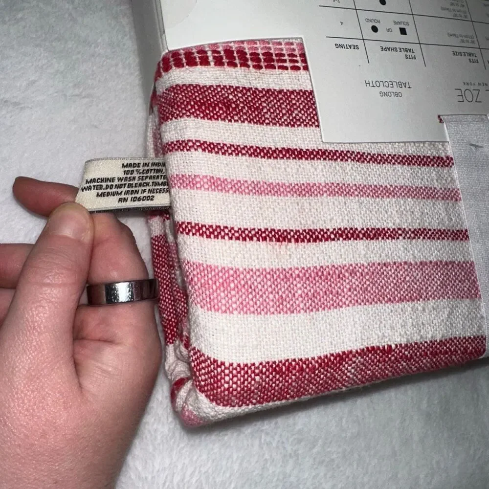 Rachel Zoe Tablecloth Oblong 60 x 104” Red White Pink Stripes 100% Cotton NWT